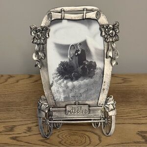 Vtg 80s JUST MARRIED picture Frame Roses Cottagecore Wedding Present Pewter 5x7
